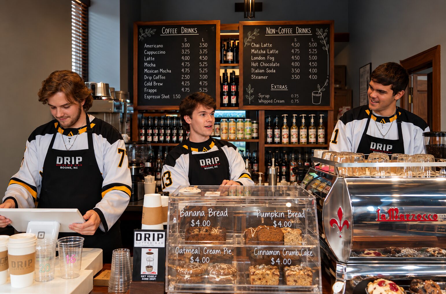 Three baristas in hockey jerseys and Drip aprons behind the pastry counter
