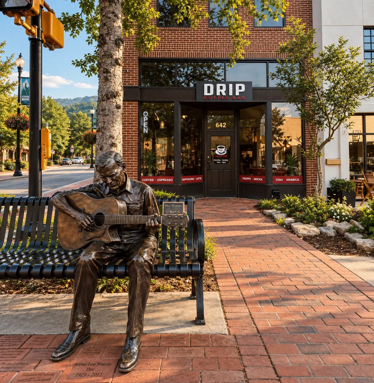 Doc Watson statue on a bench outside the Drip Coffee Bar storefront on King Street