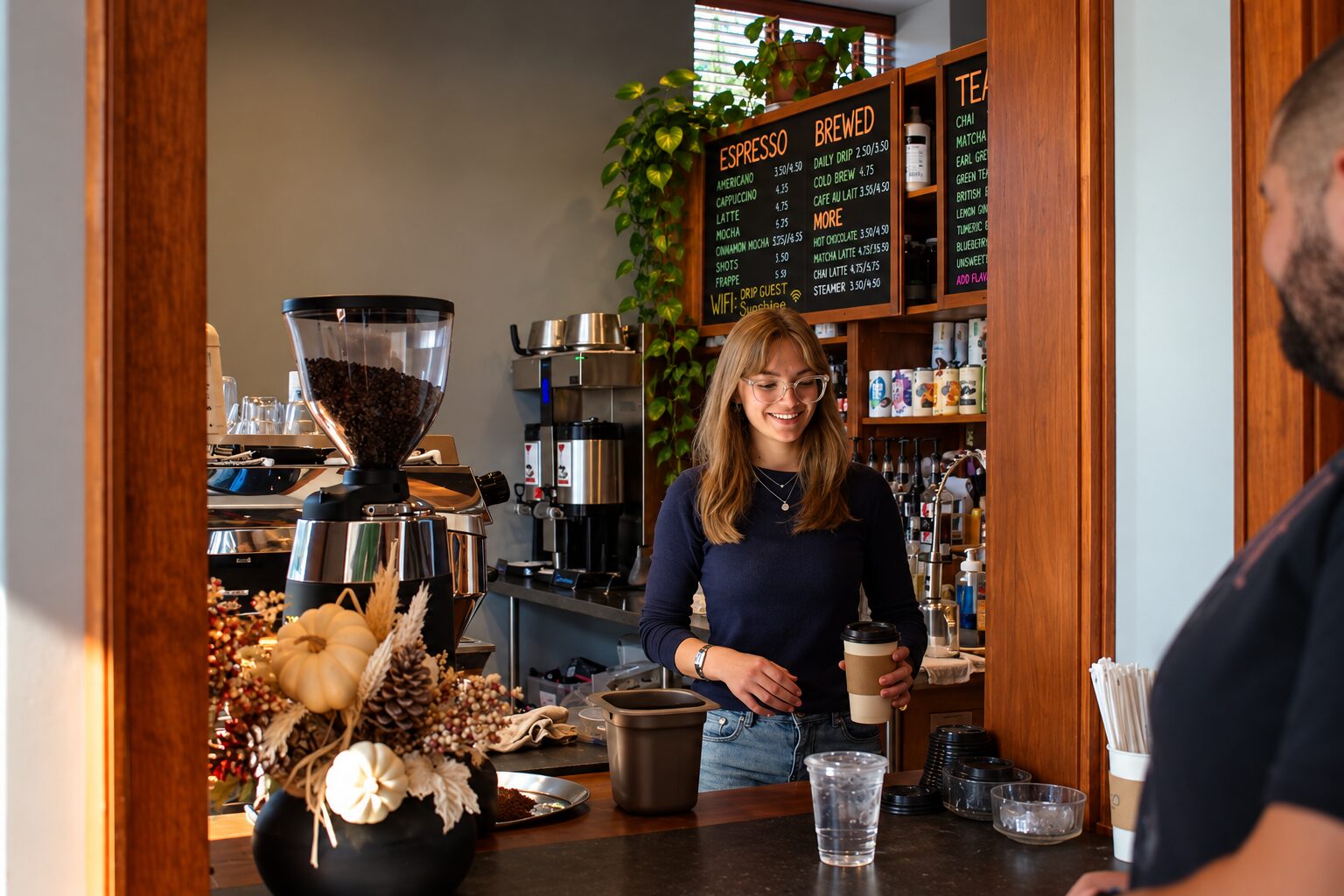 Barista smiling behind the counter