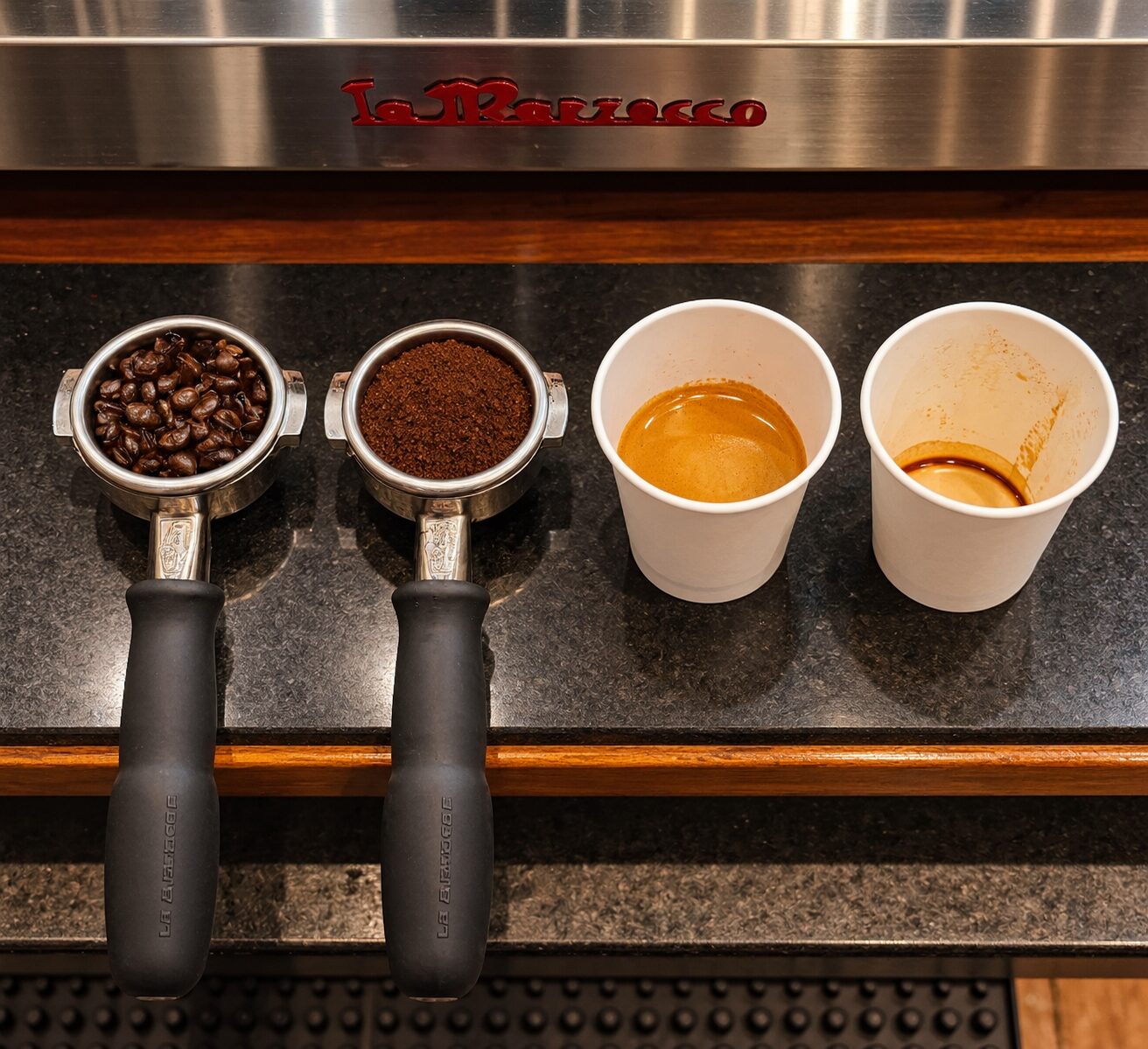 Portafilters with whole beans and fresh grounds beside two espresso shots on the bar