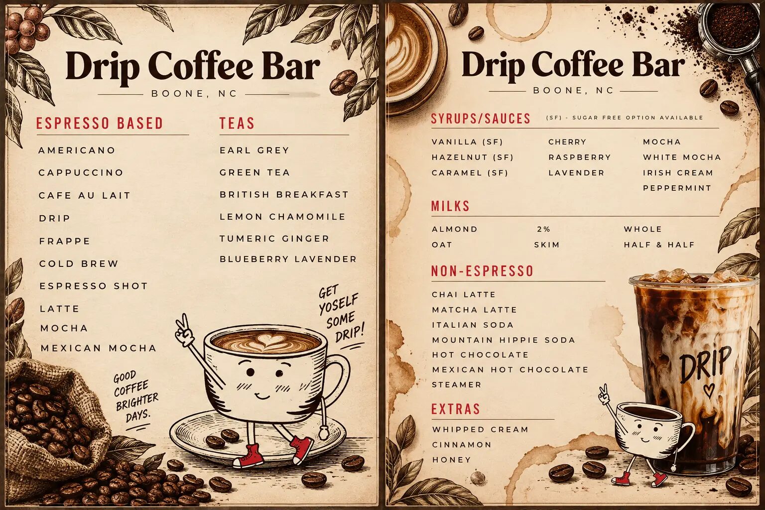 The original Drip menu boards listing drinks, syrups, milks and extras