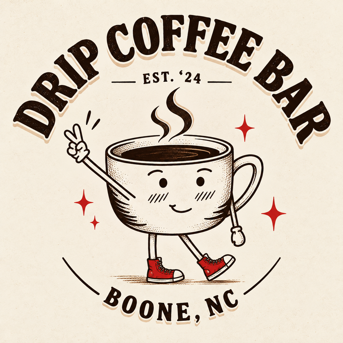 Vintage Drip Coffee Bar badge with smiling coffee cup mascot, Boone NC
